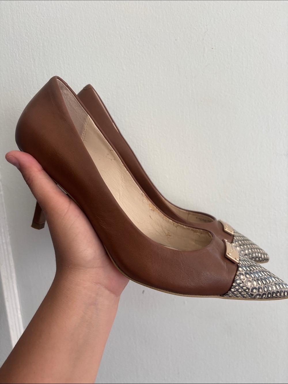 COACH Brown Leather Pointed Toe Flats with Patterned Toe and Gold Plaque - Picture 2 of 16
